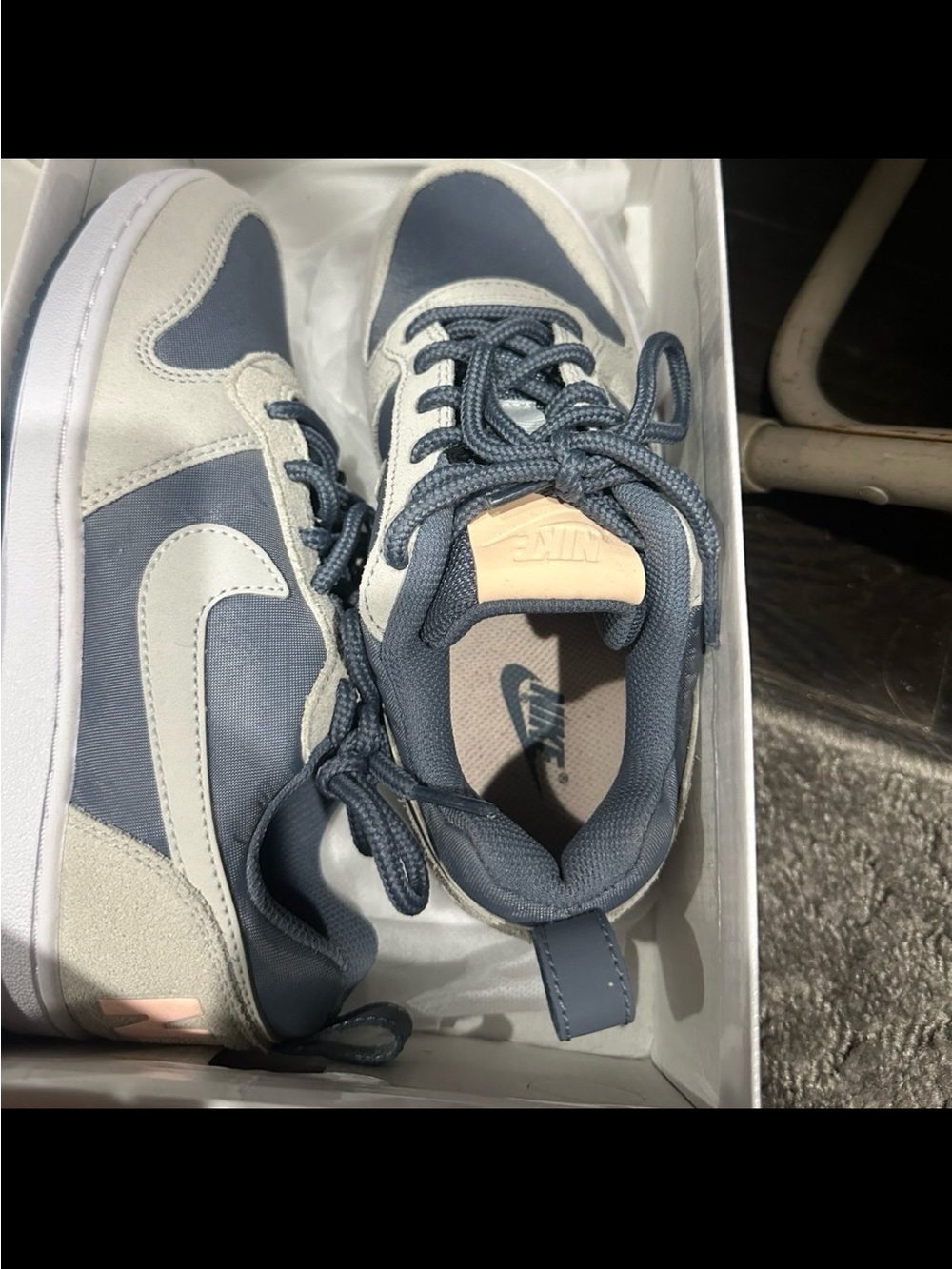 Nike Kids Blue and Light Gray Low-Top Sneakers with Pale Pink Tongue Tab